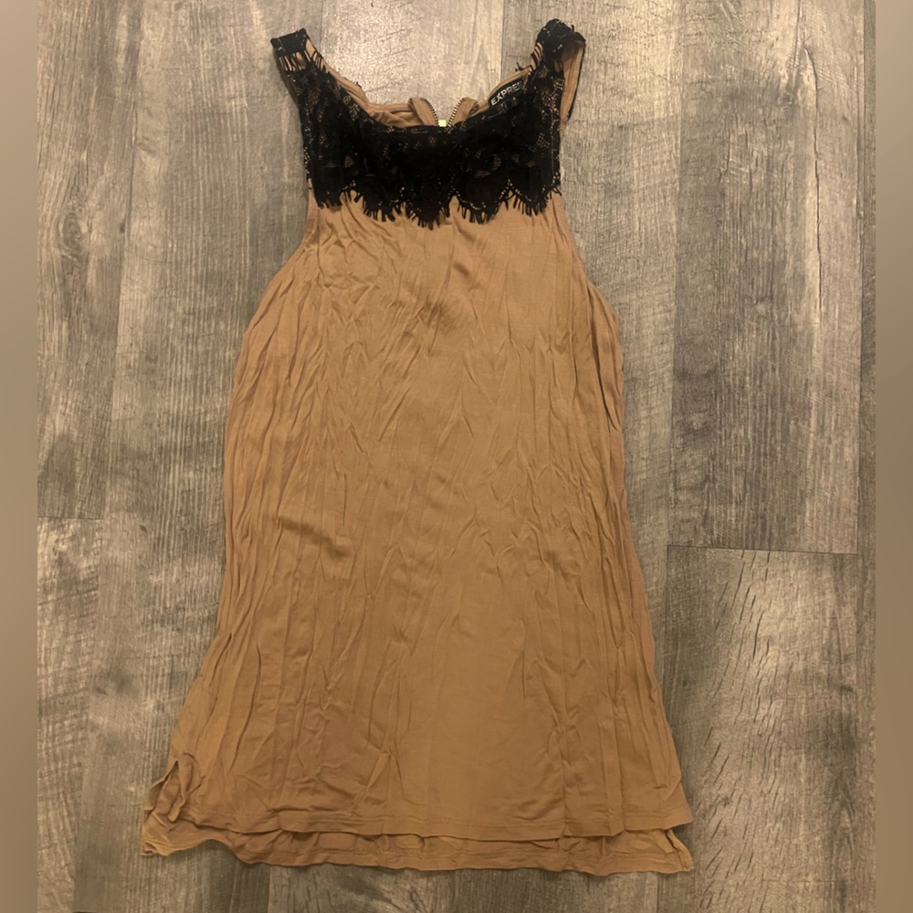 Express brown tank top with black lace around neck size medium night out shirt